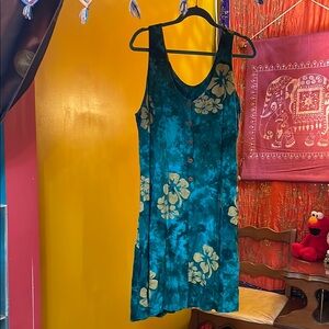 NaPua Collection vintage Hawaiian Teal Floral Tie-Dye Tank Dress XL